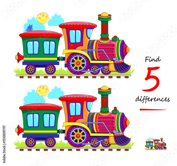 Fototapeta Find 5 differences. Drawing of a toy train with a locomotive. Logic puzzle game for children and adults. Page for kids brain teaser book. Hand drawn flat vector illustration.