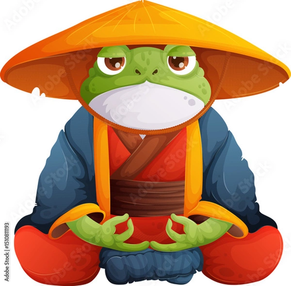 Fototapeta Cartoon Meditation Frog, A Zen Master in Traditional Attire. Calm and Peaceful.