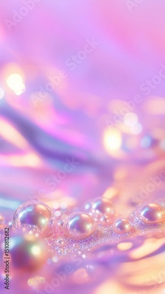 Fototapeta A vertical image of pearls or bubbles, resting on a shimmering, pastel-toned or holographic surface. The background is a blend of pink, purple, and yellow with soft bokeh.