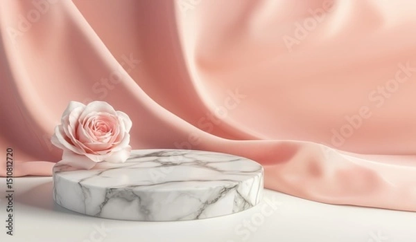 Fototapeta A round white marble podium with subtle gray veining placed on a light surface and pink background. A soft pink rose lies delicately on the edge of the podium.