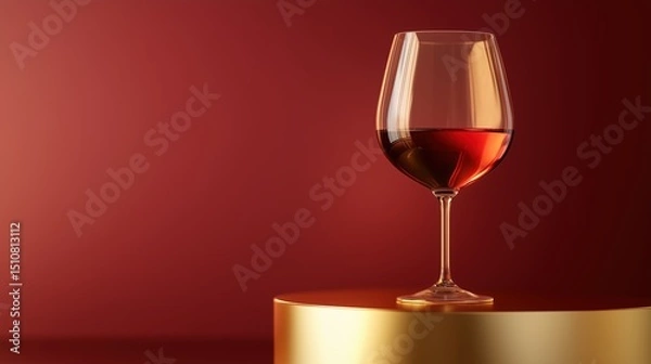 Fototapeta A single glass of red wine elegantly placed on a sleek golden podium. The background is a deep, rich red gradient, offering a warm and luxurious atmosphere.