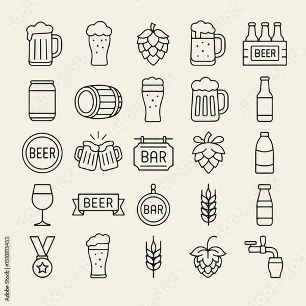 Fototapeta Black and white outline vector icons set featuring beer mugs, bottles, barley, hops, cans, pub signs, and brewery elements. Clean and minimal design for labels, prints, and branding.