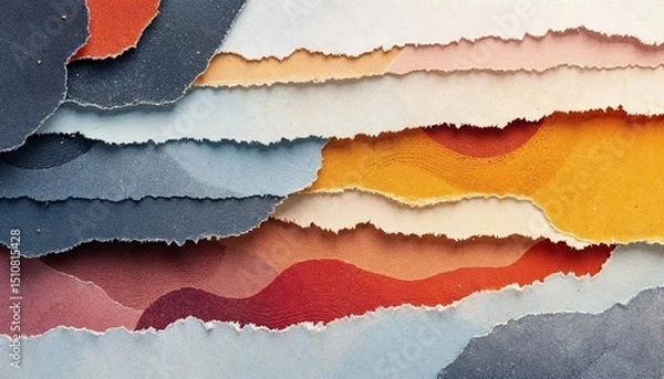 Fototapeta Abstract layers of torn paper creating a colorful composition with intricate patterns and textures across multiple segments