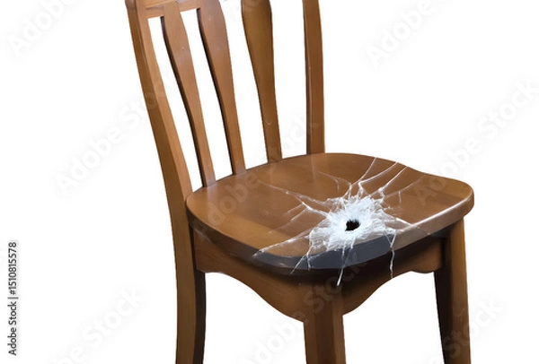 Fototapeta Broken wooden chair isolated on a transparent background, showing detailed cracks and damage, suitable for furniture restoration concepts or vintage design themes
