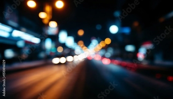 Obraz Dynamic light trails illuminate a bustling urban street at night with vibrant colors and movement captured in blurred motion