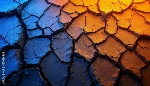 Obraz Cracked earth texture under warm and cool lighting showcasing drought effects in a drying landscape