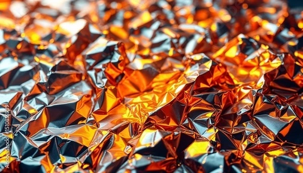 Obraz Crumbled aluminum foil reflects a warm glow, showcasing intricate textures and patterns