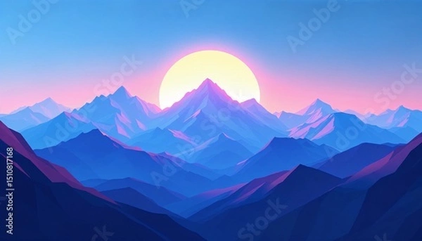 Obraz Vivid low poly landscape featuring digital mountains at sunrise with vibrant colors and geometric shapes