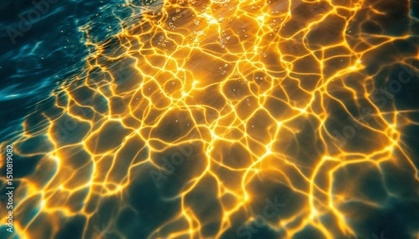 Fototapeta Underwater sunlight caustics create shimmering patterns on the surface of clear water