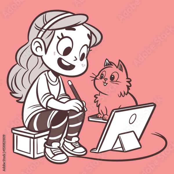 Fototapeta A Cute Girl With a Cat Using a Drawing Tablet