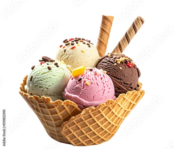 Fototapeta crispy golden waffle texture and various flavors of ice cream on a white background