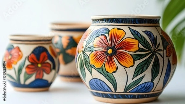 Fototapeta Ceramic clay flower and plant pots with colourful floral ornaments in pottery studio isolated on white background