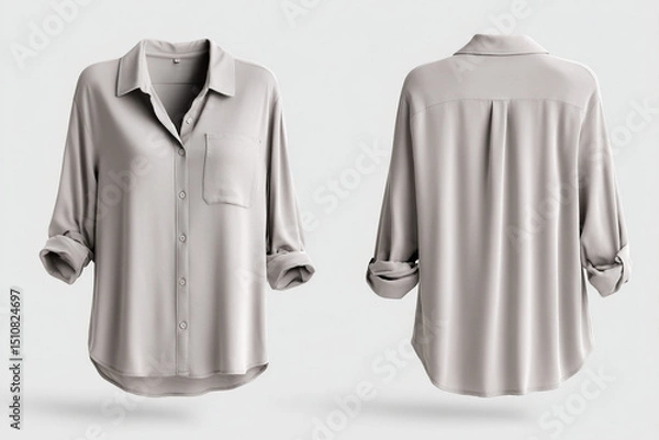 Fototapeta Elegant long-sleeved collared shirt. Neutral color. Front button closure. Relaxed fit.