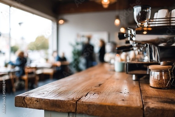 Fototapeta Rustic wooden counter at a café with an espresso machine and people in the background