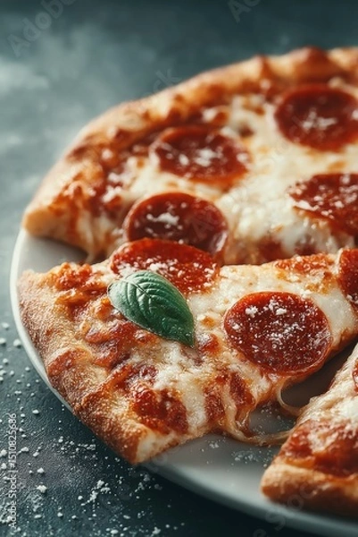 Obraz Steaming hot pepperoni pizza slice with melting cheese, close-up. Delicious fresh pizza with strands of melted cheese.	

