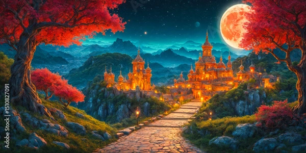 Obraz Enchanting Castle on a Mountaintop under a Blood Moon