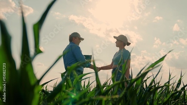 Obraz Farmers man and woman work shaking hands in field. Fellow farmers check growth of corn by analyzing harvest laptop. Farmers talk, business people, teamwork. Business, agricultural workers, agronomist