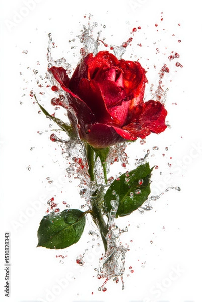 Fototapeta Dramatic splash photography of a red rose isolated on white. The petals shimmer with moisture, blending romance and energy. Ideal for luxury branding, floral campaigns, and editorial design.