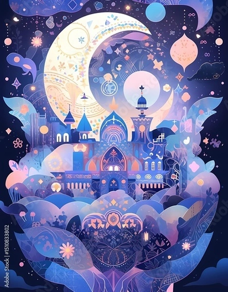 Fototapeta Whimsical scene with crescent moon, stars, village, lush greenery, flowers, plants, mushrooms, dreamy enchanting composition.