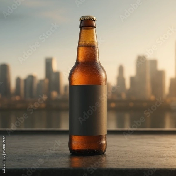 Obraz 都会の風景を背景にしたラベルなしのビール瓶モックアップ