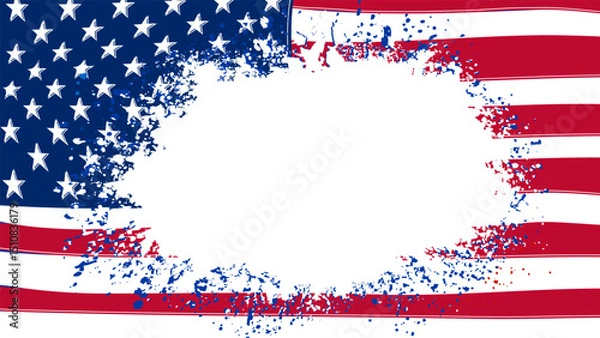 Fototapeta Grunge American flag frame with ink splash cutout center. Perfect for overlay, text, or photo insert in patriotic designs.