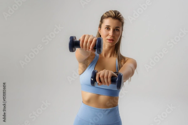 Fototapeta Fitness enthusiast demonstrates strength training with dumbbells in a modern workout studio during a fitness session