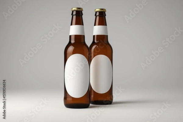 Obraz 白い背景に分離された空のラベルが付いた2つの茶色のビール瓶