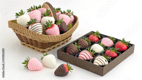 Fototapeta shows a basket and a box filled with chocolate-dipped strawberries in various colors, including pink, white, and brown, with green tops. The strawberries are neatly arranged, creating a visually appea