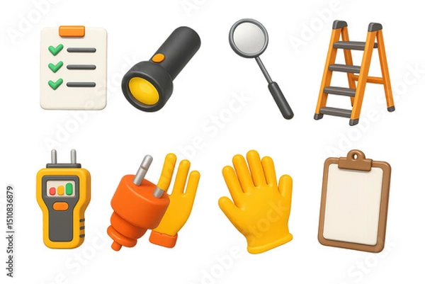 Obraz 3D Home & Crisis Icons. 3D icon set of regular home inspection items: checklist, flashlight, inspection mirror