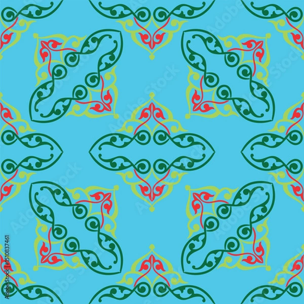 Fototapeta Islamic tulip, floral geometry. Tatar seamless pattern. Culture of the Tatar people, symbols of green and red