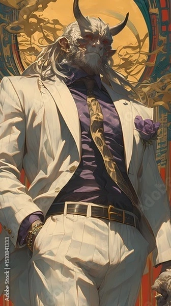 Fototapeta Anime illustration of a mysterious figure with demonic horns and red eyes, wearing white suit with purple accents, fantasy concept.