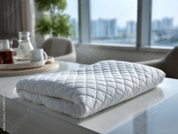 Fototapeta Soft White Blanket on Table in Modern Room with Natural Light