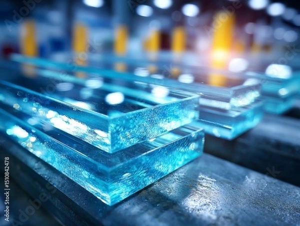 Fototapeta Clear Glass Sheets Stacked on Industrial Workbench with Bokeh Effect