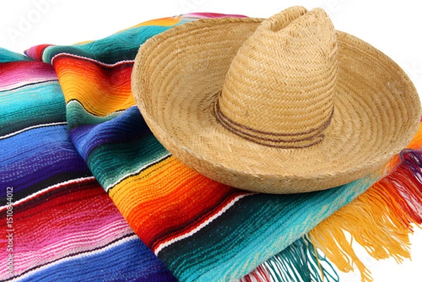 Fototapeta A traditional sombrero hat and a colorful woven blanket isolated on a transparent background, showcasing vibrant Mexican cultural elements
