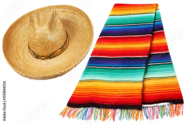 Fototapeta A traditional sombrero hat and a colorful woven blanket isolated on a transparent background, showcasing vibrant Mexican cultural elements
