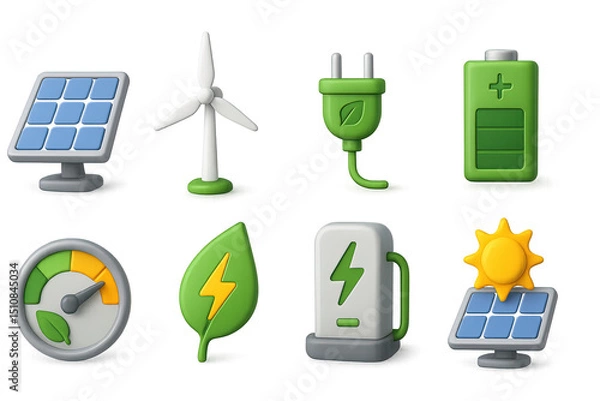 Obraz Renewable Energy Icons. 3D icon set of renewable energy visuals: solar panel, wind turbine, green plug,