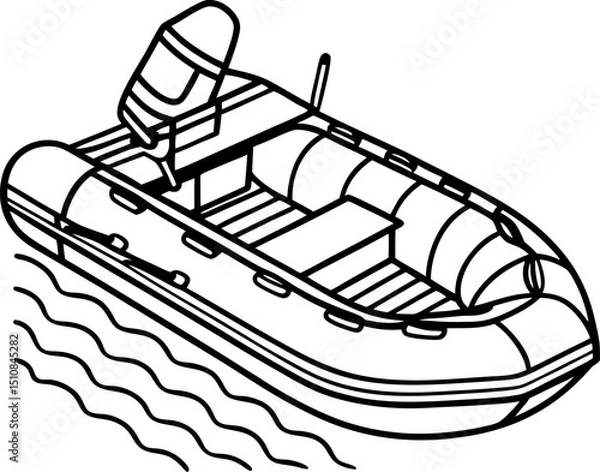 Obraz Inflatable motor boat outline rigid hull dinghy with outboard engine on wavy water nautical transport line art