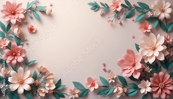 Obraz Elegant Paper Flowers Frame Pastel Pink Background Wedding Invitation Design