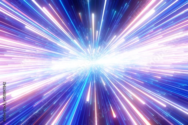 Fototapeta Bright radial light beams. Abstract background in blue and orange neon glow color. Light burst in universe. Space background for event, party, carnival, celebration, anniversary or other. 3D rendering