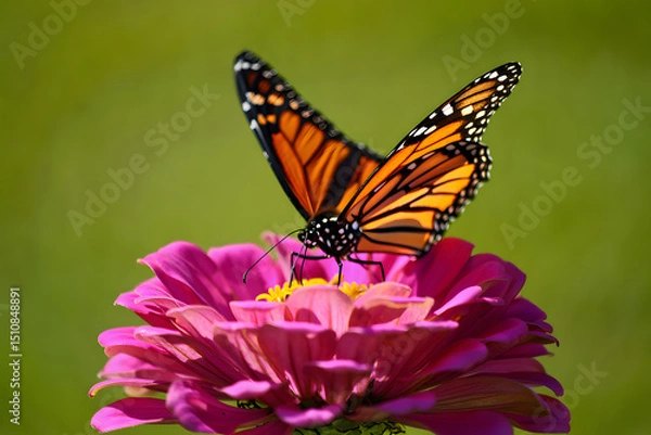 Obraz Monarch butterfly on a vibrant pink zinnia flower in a lush green garden