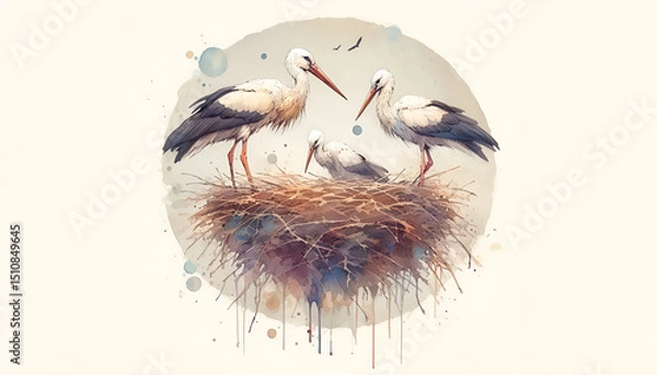 Fototapeta A family of storks in a large nest. Nest of storks in watercolor style. watercolor stork clipart