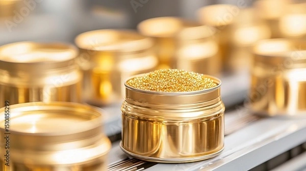 Obraz Luxurious golden cosmetic jar with beads for beauty products display