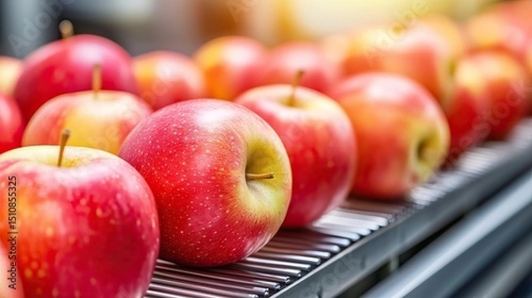 Obraz Fresh red apples on a conveyor belt in a modern fruit processing facility