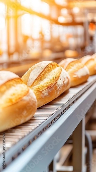 Obraz Fresh bread loaves on production line in bakery factory setting