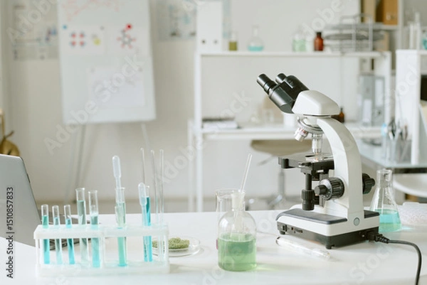 Obraz Scientific laboratory featuring microscope and various test tubes with colored liquids. Focus on scientific research equipment in bright, clean workspace