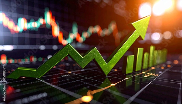 Fototapeta Market Momentum: A vibrant visualization of financial growth, showcasing a rising green arrow ascending over a dynamic graph. A dynamic and evocative depiction of success.