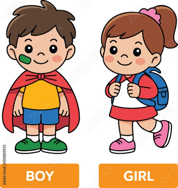 Obraz Boy and Girl Cartoon Characters Ready for School
