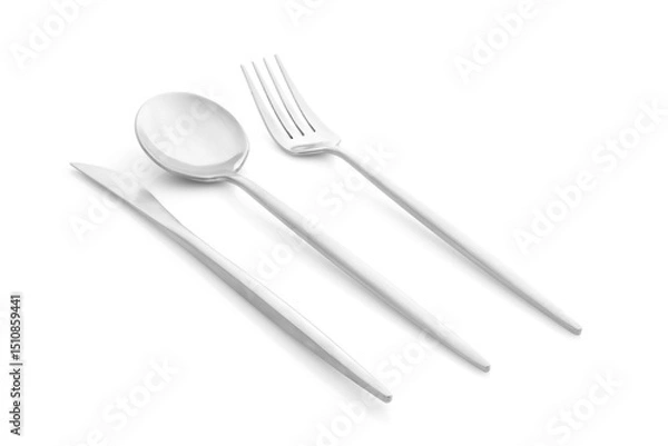 Fototapeta Isolated isometric view of a classic stainless steel cutlery set including a spoon, fork, and knife on a white background. 