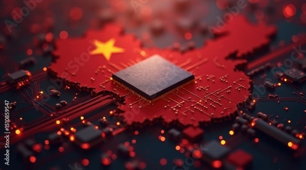 Fototapeta Chinese microchip representing global chip war technology dominance