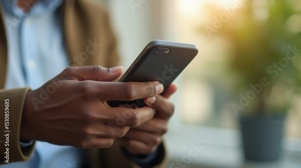 Fototapeta Online donation concept. Donate money on smartphone. African American Man Using Smartphone App To Donate Money Online, Supporting Charities And Investing In Financial Funds.